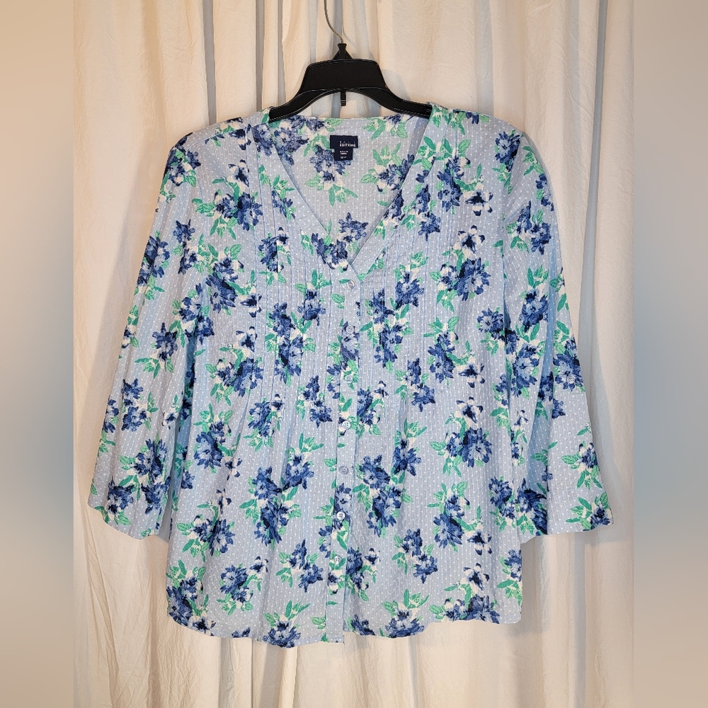 Floral Blue and Green Lightweight Cotton Women's Pin-Tuck Top